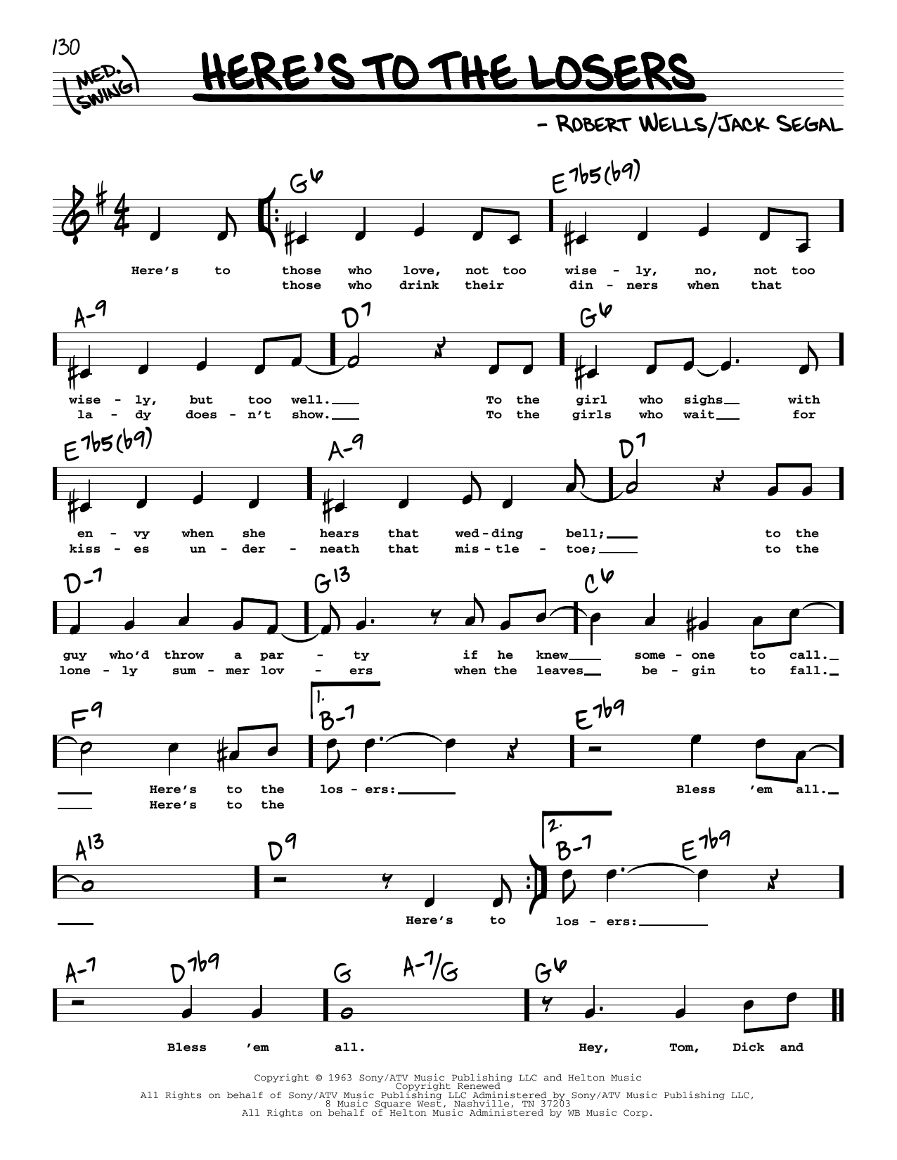 Download Robert Wells Here's To The Losers (High Voice) Sheet Music and learn how to play Real Book – Melody, Lyrics & Chords PDF digital score in minutes