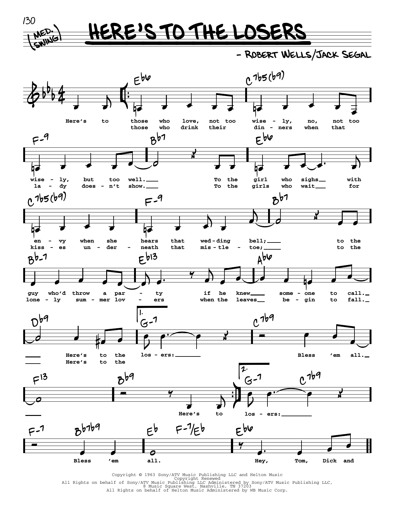 Download Robert Wells Here's To The Losers (Low Voice) Sheet Music and learn how to play Real Book – Melody, Lyrics & Chords PDF digital score in minutes