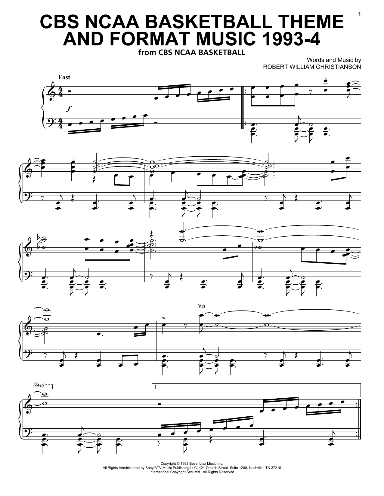 Download Robert William Christianson CBS NCAA Basketball Theme And Format Music 1993-4 Sheet Music and learn how to play Piano Solo PDF digital score in minutes