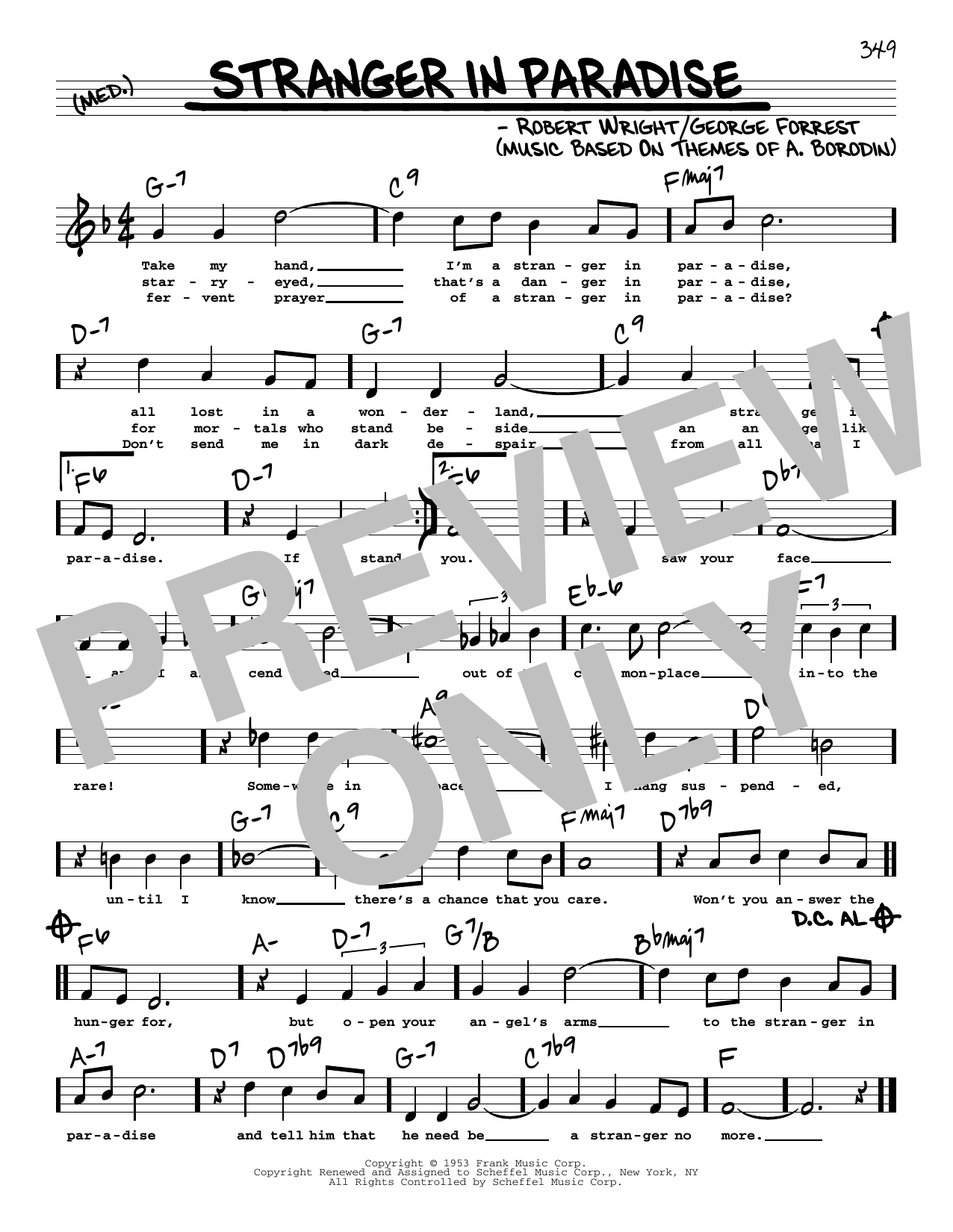 Download Robert Wright Stranger In Paradise (High Voice) Sheet Music and learn how to play Real Book – Melody, Lyrics & Chords PDF digital score in minutes