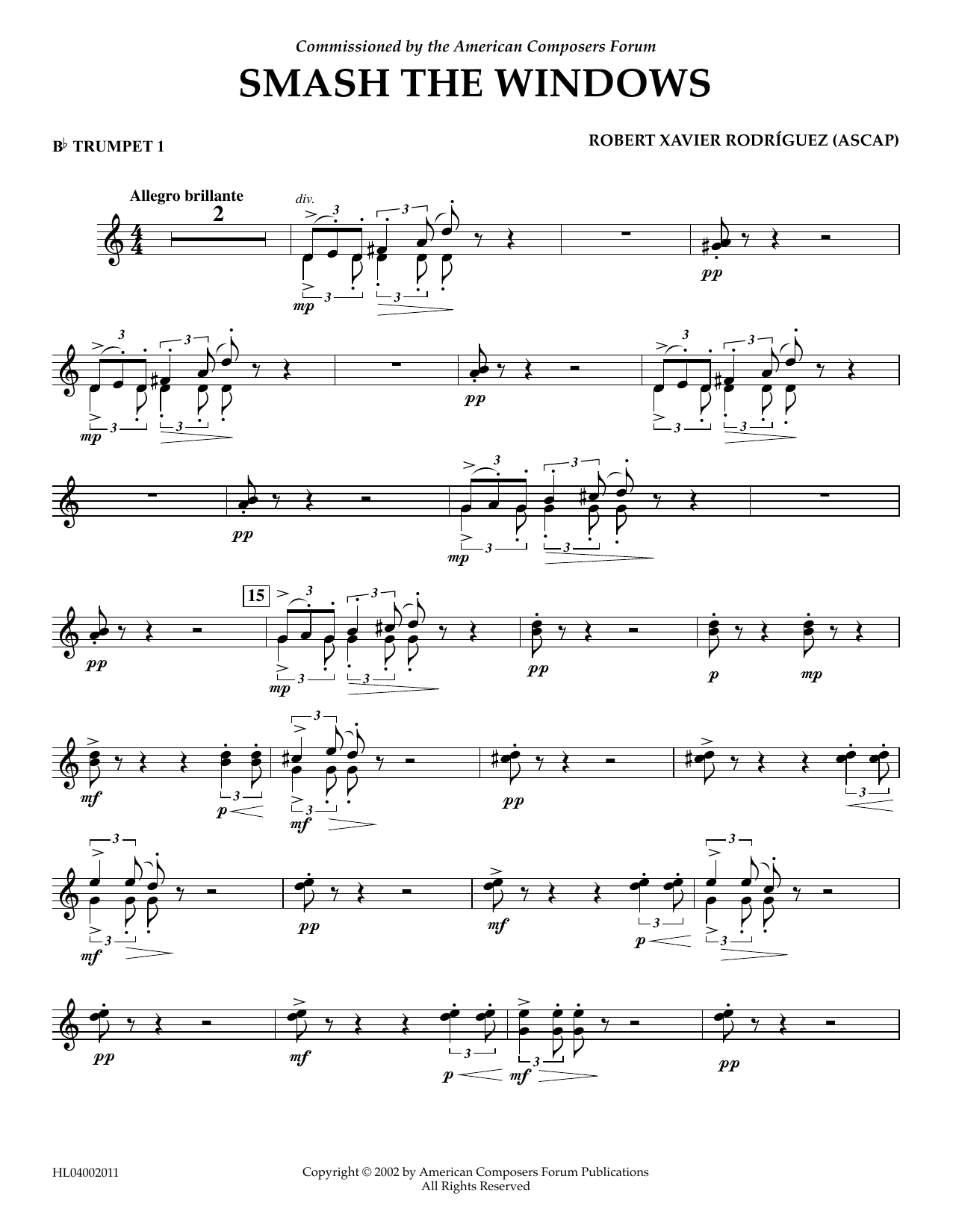 Download Robert Xavier Rodríguez Smash the Windows - Bb Trumpet 1 Sheet Music and learn how to play Concert Band PDF digital score in minutes