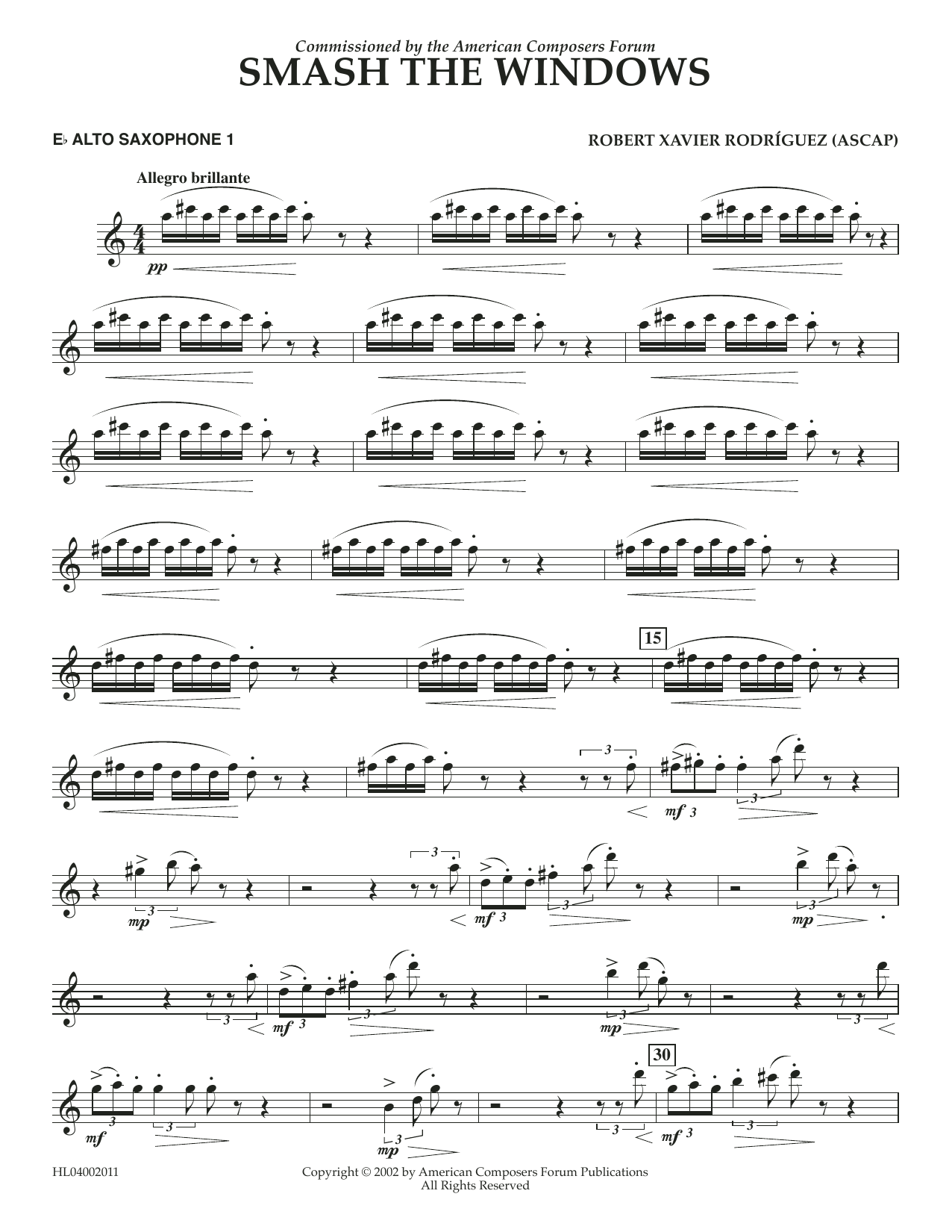 Download Robert Xavier Rodríguez Smash the Windows - Eb Alto Sax 1 Sheet Music and learn how to play Concert Band PDF digital score in minutes