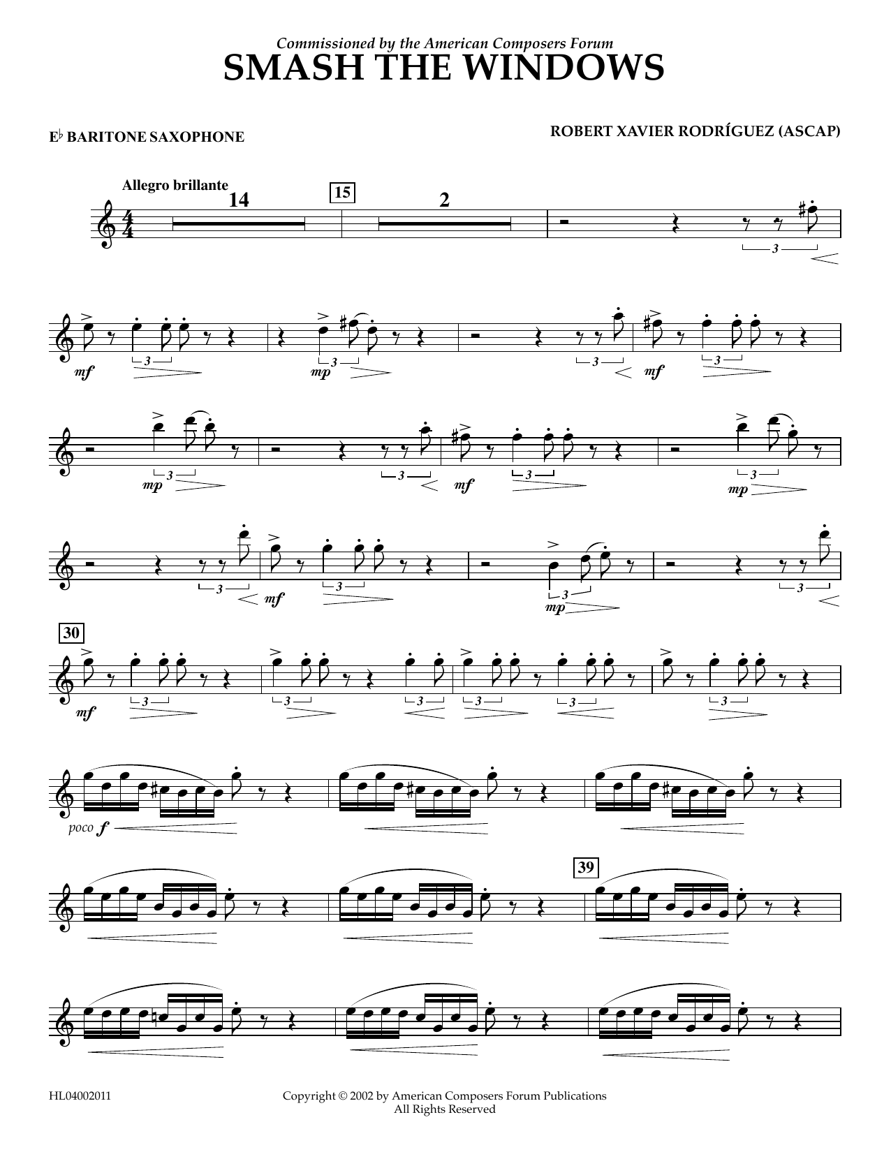 Download Robert Xavier Rodríguez Smash the Windows - Eb Baritone Saxophone Sheet Music and learn how to play Concert Band PDF digital score in minutes