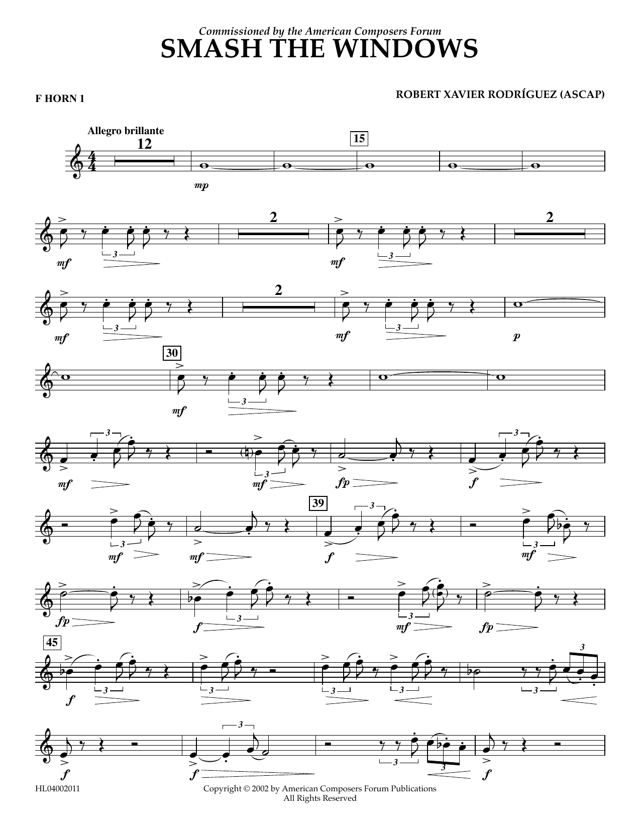 Download Robert Xavier Rodríguez Smash the Windows - F Horn 1 Sheet Music and learn how to play Concert Band PDF digital score in minutes
