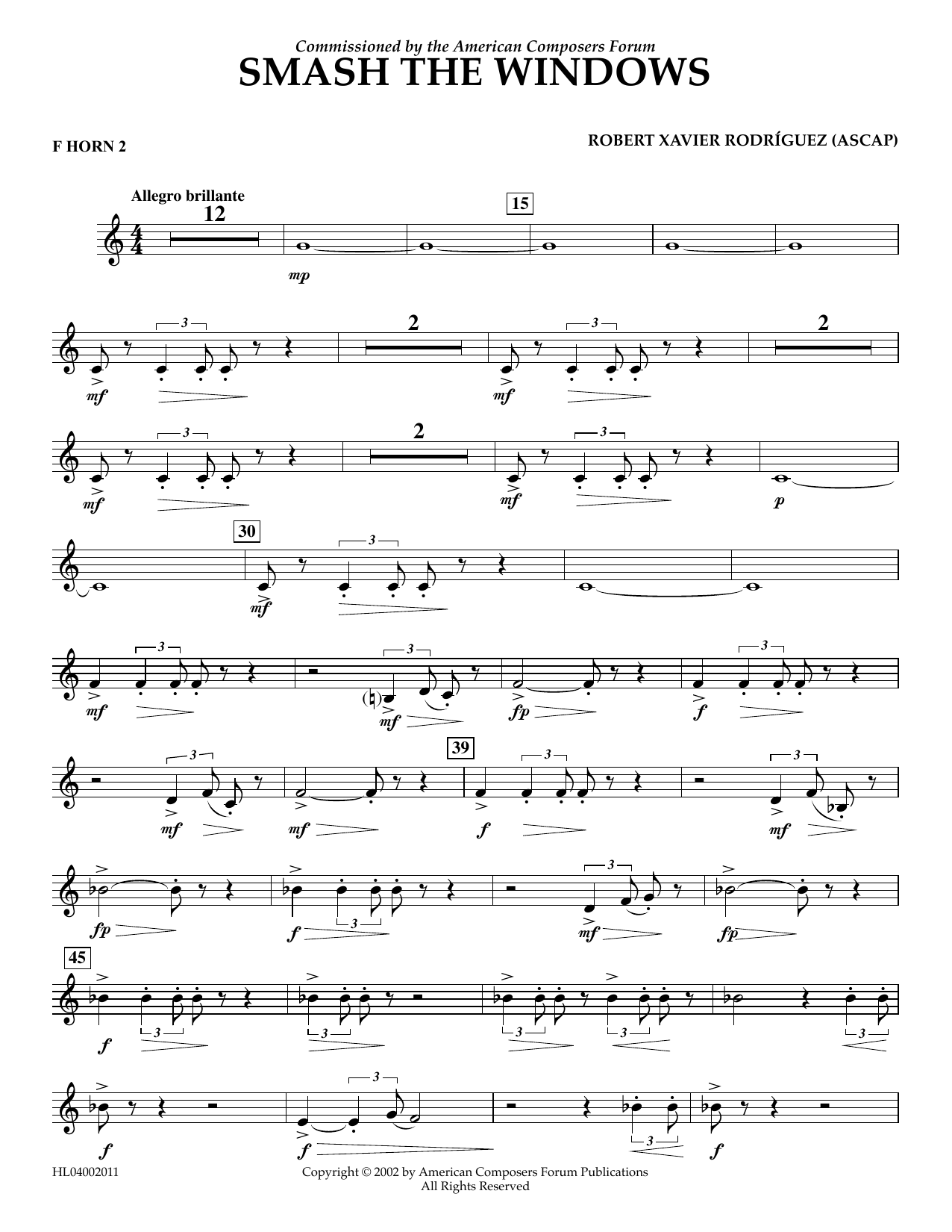 Download Robert Xavier Rodríguez Smash the Windows - F Horn 2 Sheet Music and learn how to play Concert Band PDF digital score in minutes