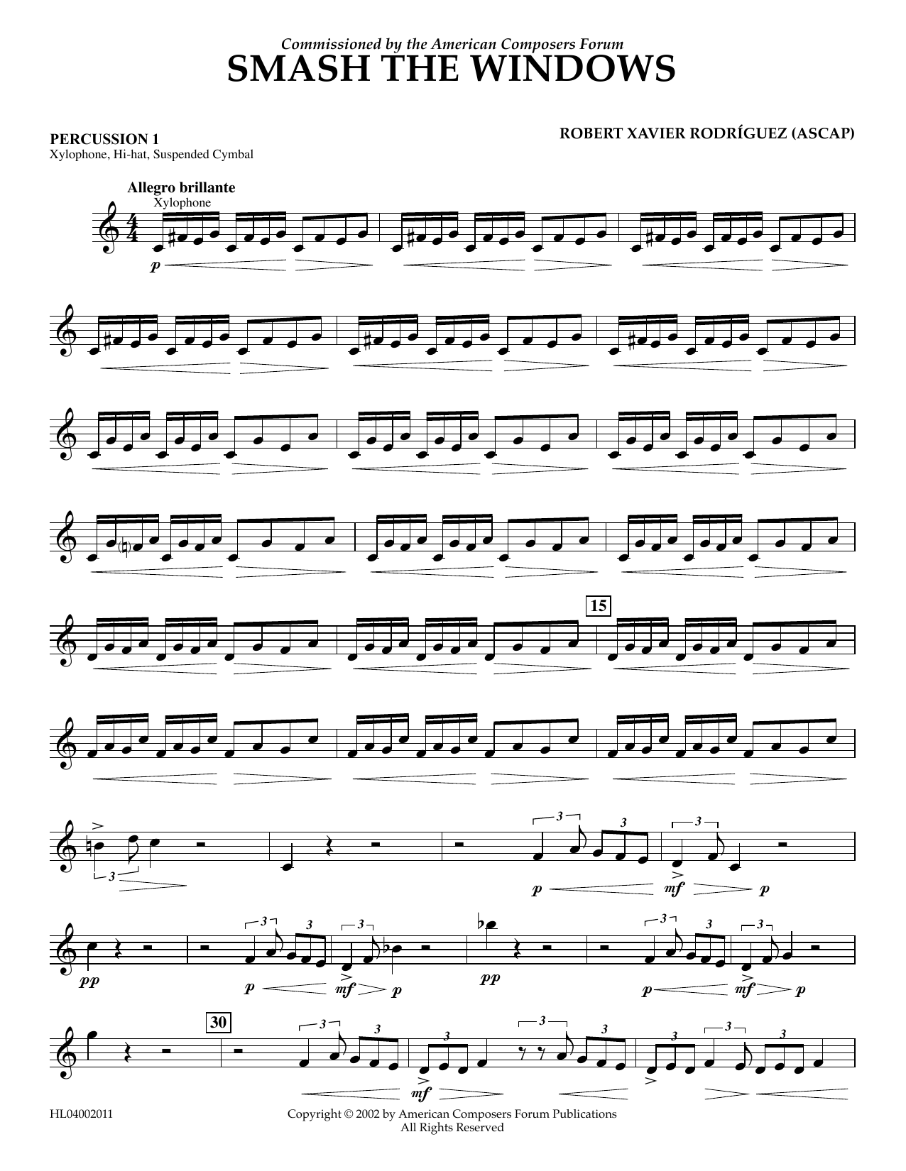 Download Robert Xavier Rodríguez Smash the Windows - Percussion 1 Sheet Music and learn how to play Concert Band PDF digital score in minutes