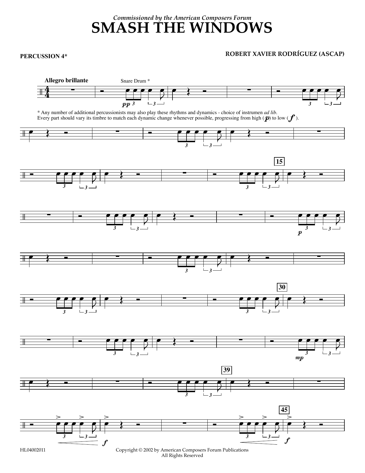 Download Robert Xavier Rodríguez Smash the Windows - Percussion 4 Sheet Music and learn how to play Concert Band PDF digital score in minutes