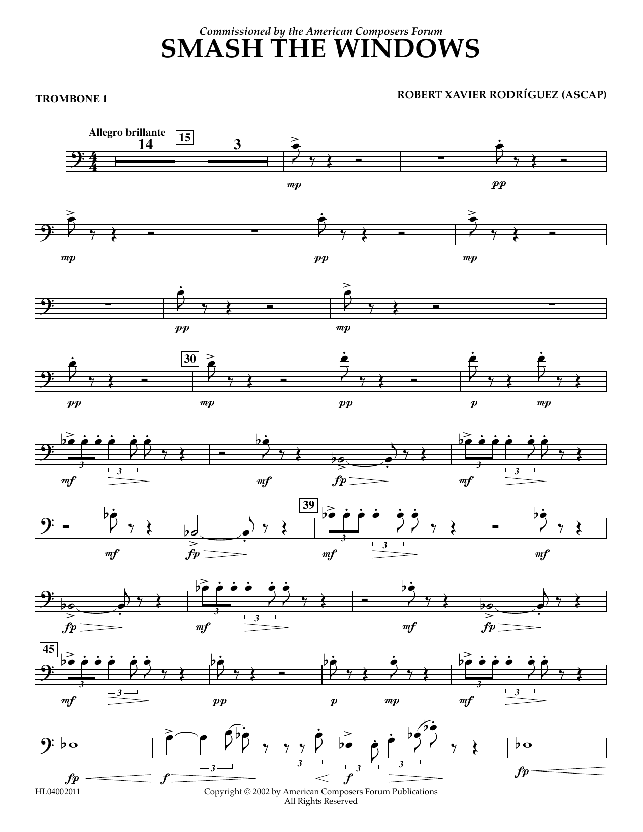 Download Robert Xavier Rodríguez Smash the Windows - Trombone 1 Sheet Music and learn how to play Concert Band PDF digital score in minutes