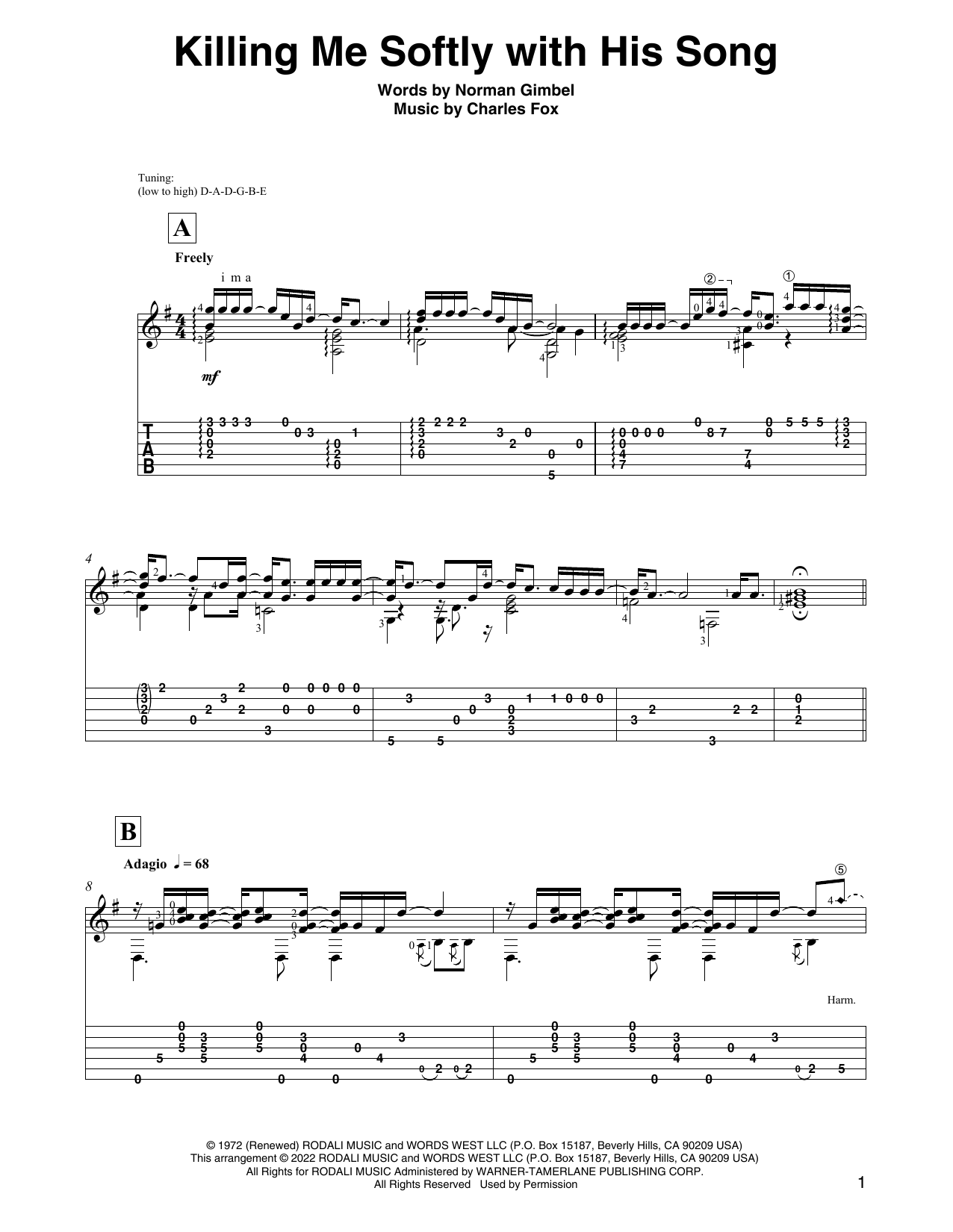 Download Roberta Flack Killing Me Softly With His Song (arr. David Jaggs) Sheet Music and learn how to play Solo Guitar PDF digital score in minutes