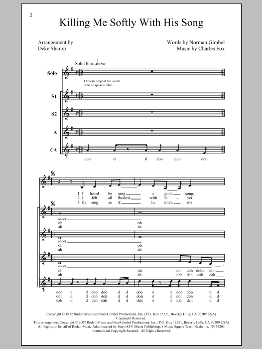 Download Roberta Flack Killing Me Softly With His Song (arr. Deke Sharon) Sheet Music and learn how to play SATB PDF digital score in minutes