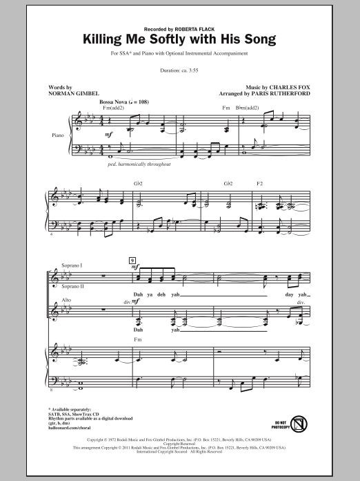 Download Roberta Flack Killing Me Softly With His Song (arr. Paris Rutherford) Sheet Music and learn how to play SSA PDF digital score in minutes