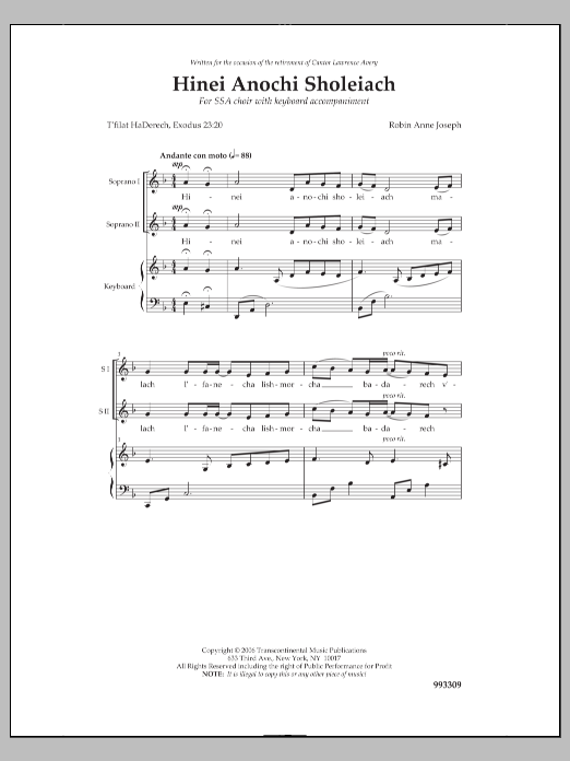 Download Robin Anne Joseph Hinei Anochi Sholei'ach Sheet Music and learn how to play SSA Choir PDF digital score in minutes