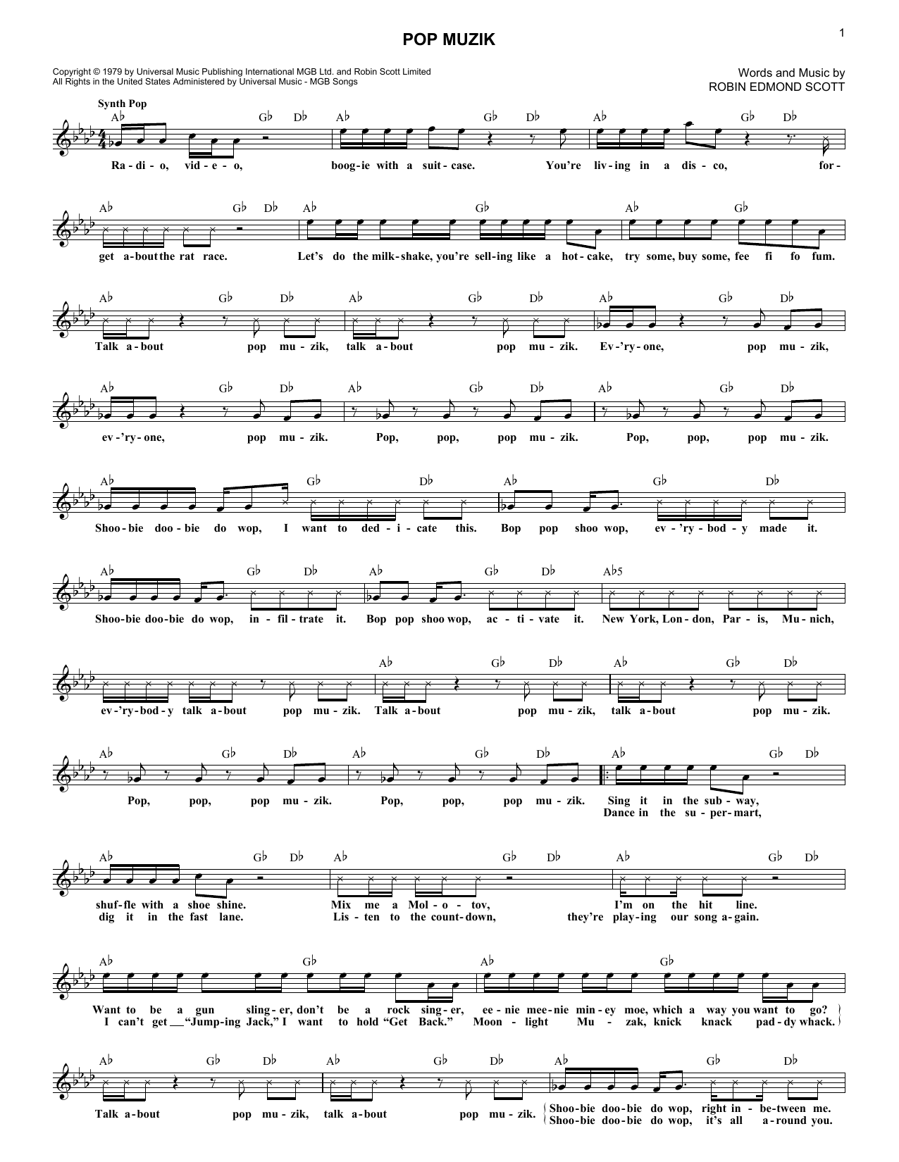 Download Robin Edmond Scott Pop Muzik Sheet Music and learn how to play Melody Line, Lyrics & Chords PDF digital score in minutes
