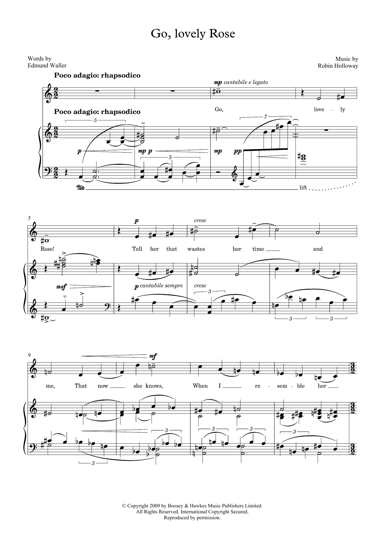 Download Robin Holloway Go, lovely Rose (for mezzo-soprano & piano) Sheet Music and learn how to play Piano & Vocal PDF digital score in minutes