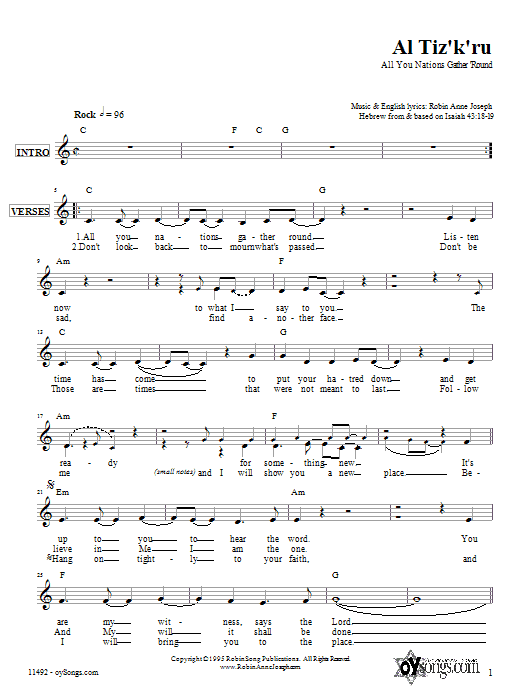 Download Robin Joseph Al Tiz'k'ru Sheet Music and learn how to play Melody Line, Lyrics & Chords PDF digital score in minutes