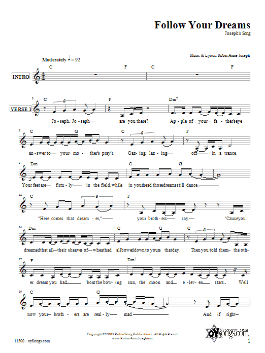 Download Robin Joseph Follow Your Dreams (Joseph's Song) Sheet Music and learn how to play Melody Line, Lyrics & Chords PDF digital score in minutes