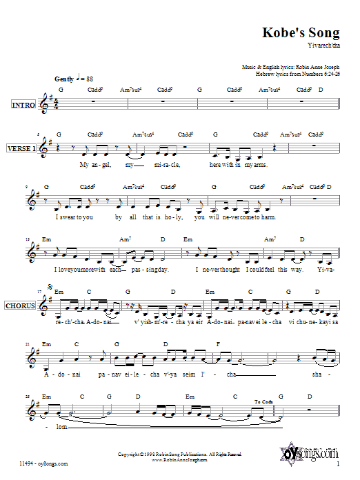 Download Robin Joseph Kobe's Song Sheet Music and learn how to play Melody Line, Lyrics & Chords PDF digital score in minutes