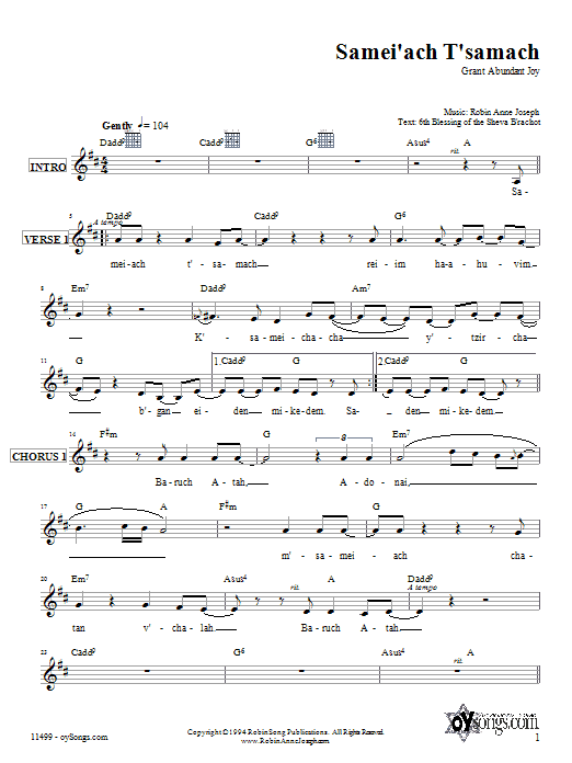 Download Robin Joseph Samei'ach T'samach Sheet Music and learn how to play Melody Line, Lyrics & Chords PDF digital score in minutes