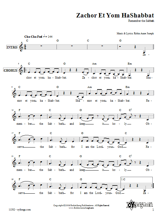 Download Robin Joseph Zachor et Yom HaShabbat Sheet Music and learn how to play Melody Line, Lyrics & Chords PDF digital score in minutes