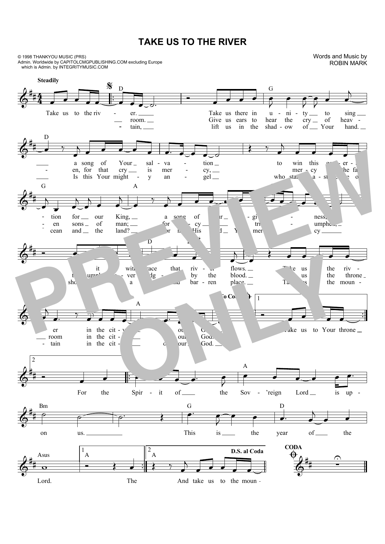 Download Robin Mark Take Us To The River Sheet Music and learn how to play Melody Line, Lyrics & Chords PDF digital score in minutes