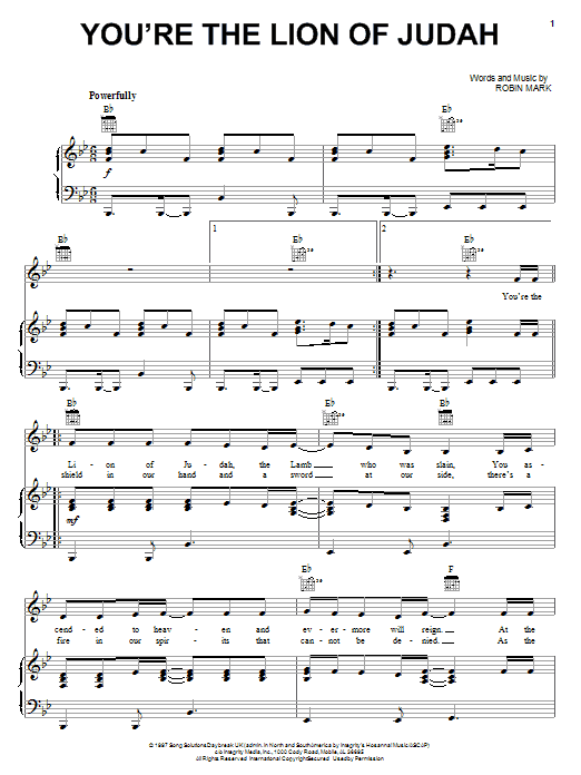 Download Robin Mark You're The Lion Of Judah Sheet Music and learn how to play Piano, Vocal & Guitar (Right-Hand Melody) PDF digital score in minutes