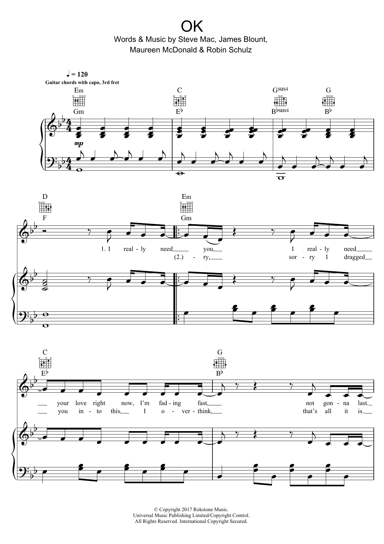 Download Robin Schulz OK (feat. James Blunt) Sheet Music and learn how to play Piano, Vocal & Guitar (Right-Hand Melody) PDF digital score in minutes