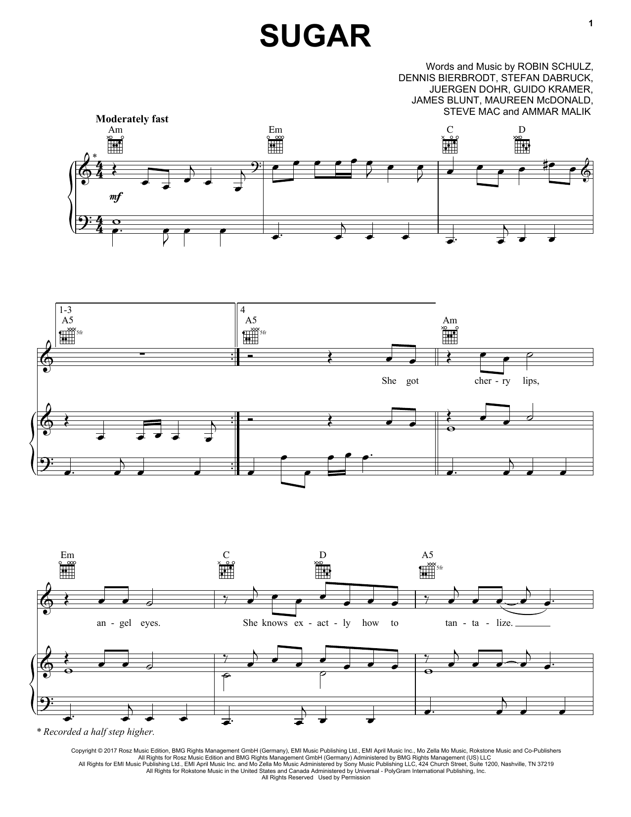 Download Robin Schulz Sugar (feat. Francesco Yates) Sheet Music and learn how to play Piano, Vocal & Guitar Chords (Right-Hand Melody) PDF digital score in minutes