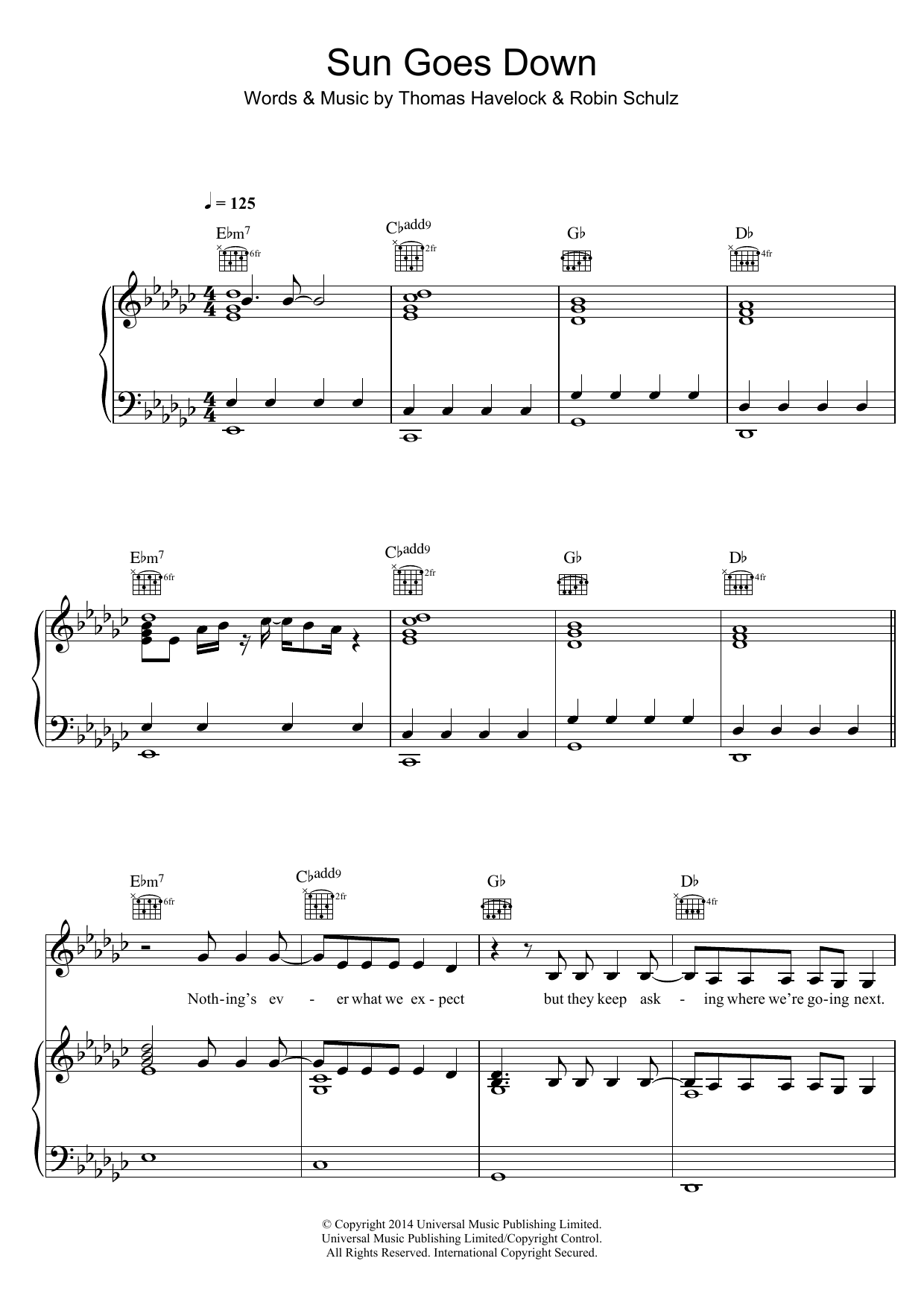 Download Robin Schulz Sun Goes Down (feat. Jasmine Thompson) Sheet Music and learn how to play Piano, Vocal & Guitar (Right-Hand Melody) PDF digital score in minutes