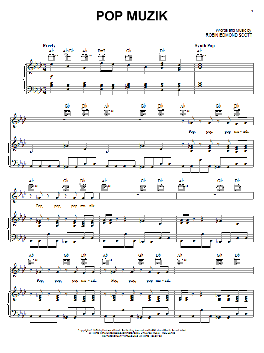 Download Robin Scott Pop Muzik Sheet Music and learn how to play Piano, Vocal & Guitar (Right-Hand Melody) PDF digital score in minutes