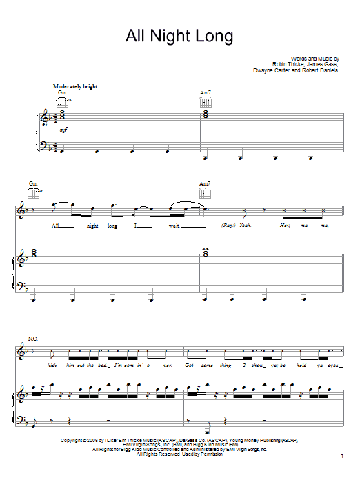Download Robin Thicke All Night Long Sheet Music and learn how to play Piano, Vocal & Guitar (Right-Hand Melody) PDF digital score in minutes