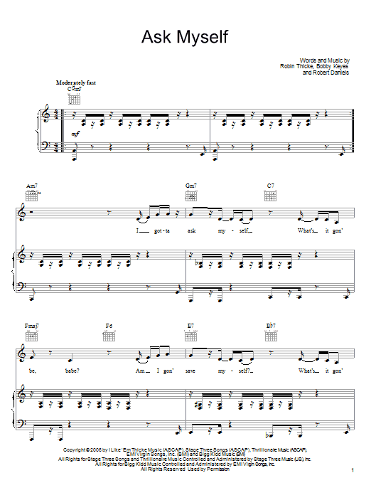 Download Robin Thicke Ask Myself Sheet Music and learn how to play Piano, Vocal & Guitar (Right-Hand Melody) PDF digital score in minutes