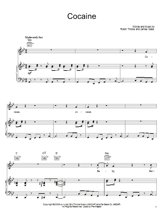 Download Robin Thicke Cocaine Sheet Music and learn how to play Piano, Vocal & Guitar (Right-Hand Melody) PDF digital score in minutes
