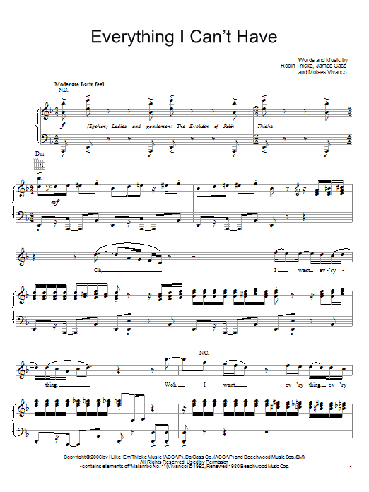 Download Robin Thicke Everything I Can't Have Sheet Music and learn how to play Piano, Vocal & Guitar (Right-Hand Melody) PDF digital score in minutes