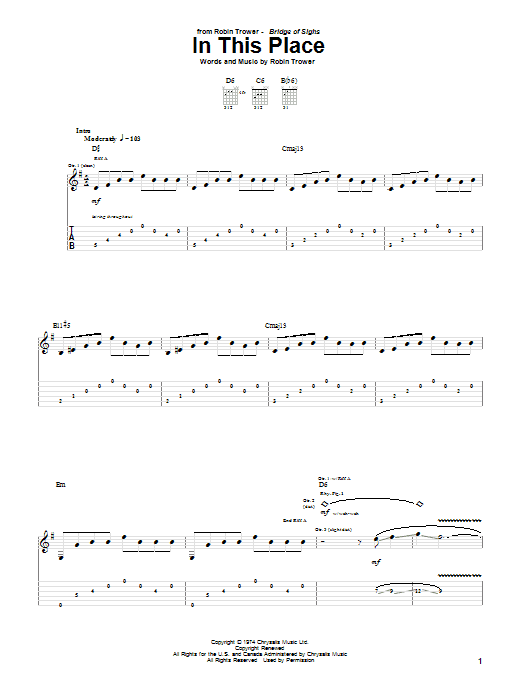 Download Robin Trower In This Place Sheet Music and learn how to play Guitar Tab PDF digital score in minutes