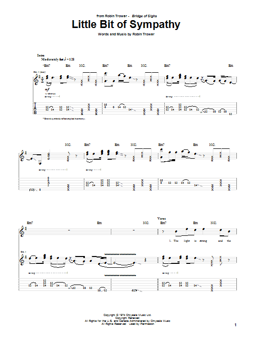 Download Robin Trower Little Bit Of Sympathy Sheet Music and learn how to play Guitar Tab PDF digital score in minutes