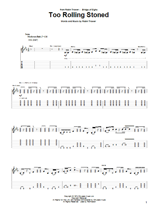 Download Robin Trower Too Rolling Stoned Sheet Music and learn how to play Bass Guitar Tab PDF digital score in minutes