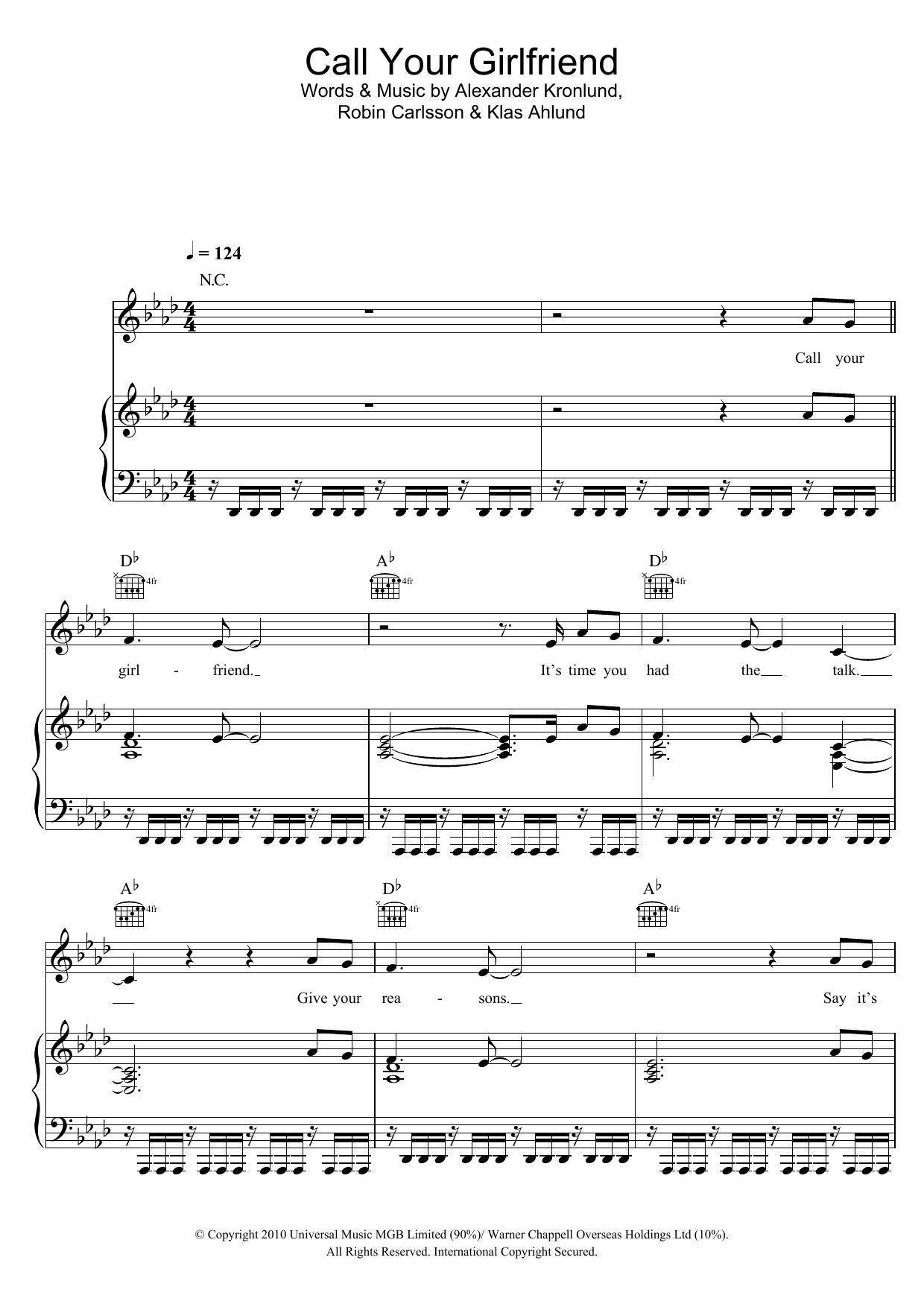 Download Robyn Call Your Girlfriend Sheet Music and learn how to play Piano, Vocal & Guitar (Right-Hand Melody) PDF digital score in minutes