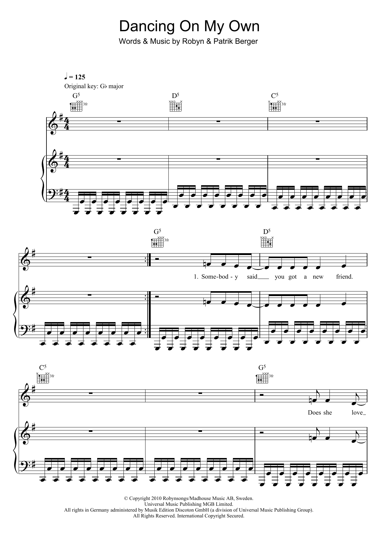 Download Robyn Dancing On My Own Sheet Music and learn how to play Piano, Vocal & Guitar PDF digital score in minutes
