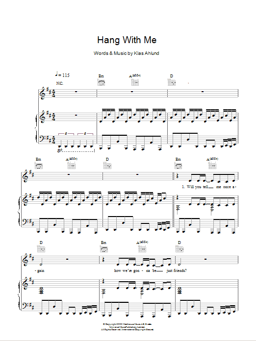 Download Robyn Hang With Me Sheet Music and learn how to play Piano, Vocal & Guitar (Right-Hand Melody) PDF digital score in minutes