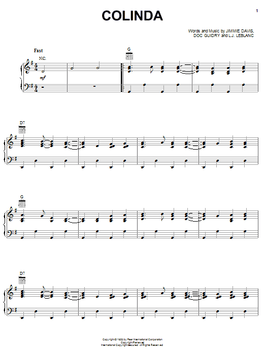 Download Rockin' Dopsie & The Cajun Twisters Colinda Sheet Music and learn how to play Piano, Vocal & Guitar (Right-Hand Melody) PDF digital score in minutes