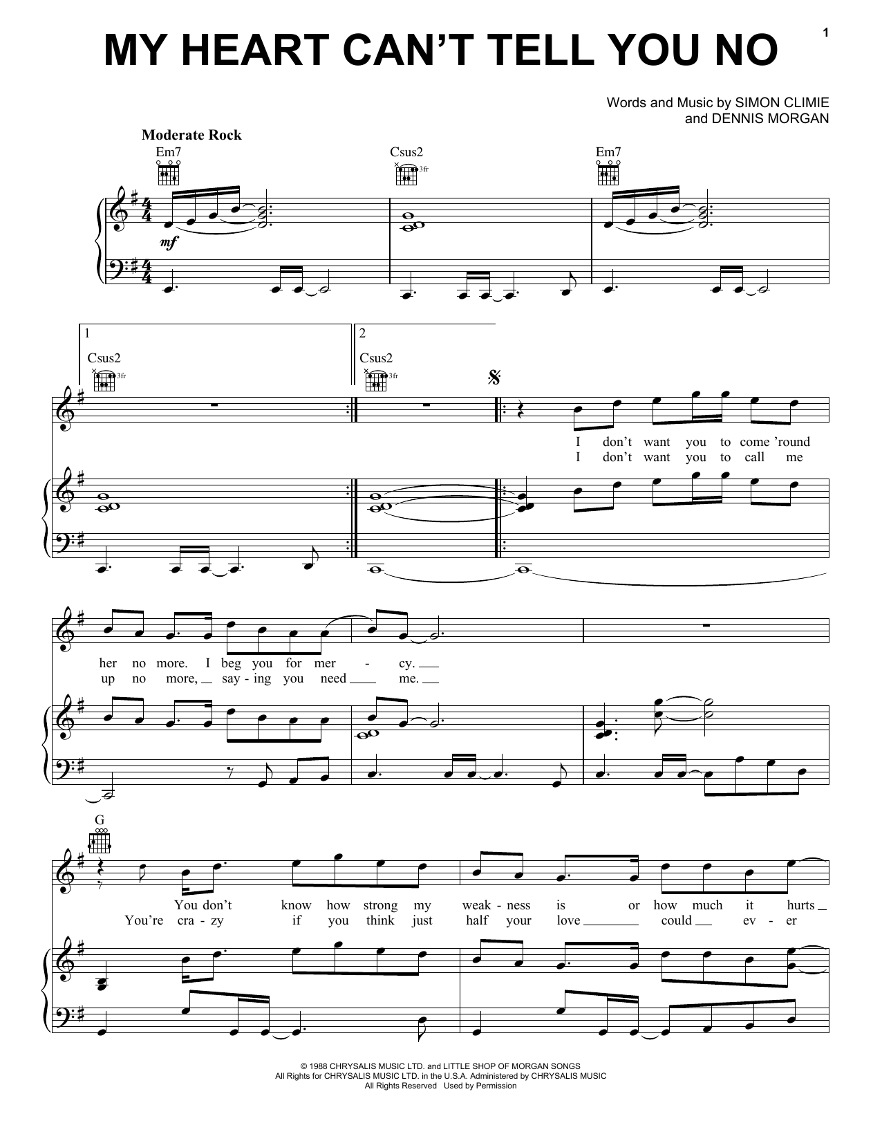 Download Rod Stewart My Heart Can't Tell You No Sheet Music and learn how to play Piano, Vocal & Guitar (Right-Hand Melody) PDF digital score in minutes