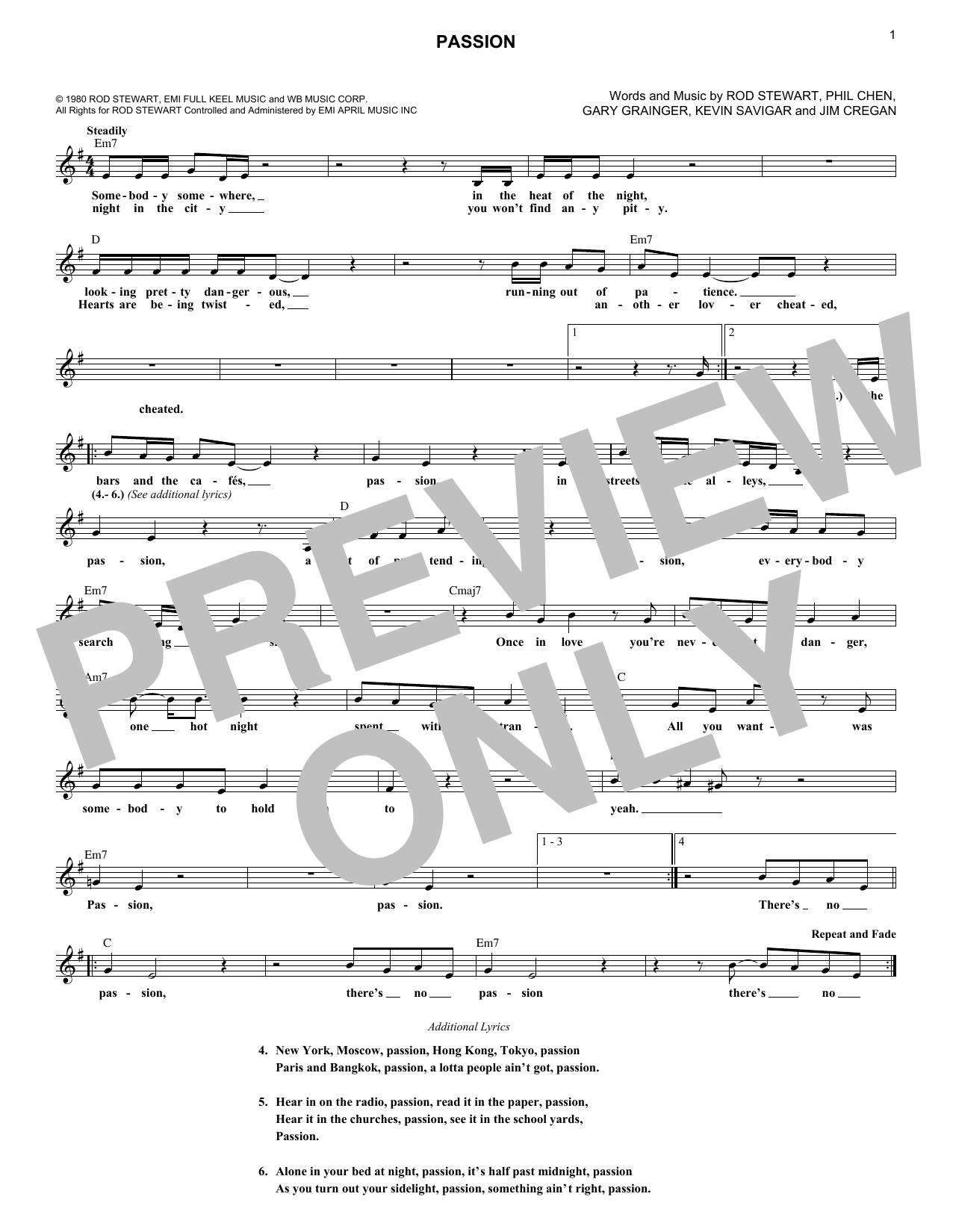 Download Rod Stewart Passion Sheet Music and learn how to play Melody Line, Lyrics & Chords PDF digital score in minutes