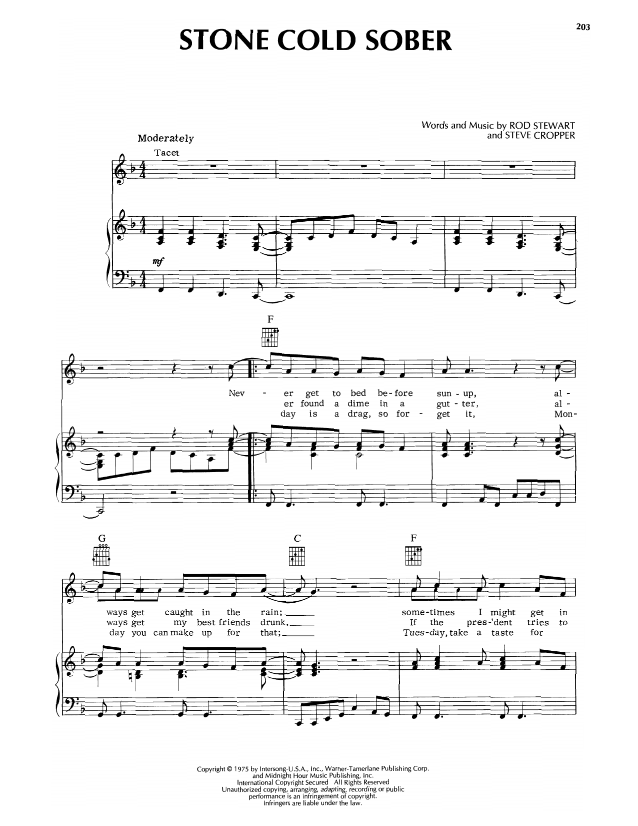 Download Rod Stewart Stone Cold Sober Sheet Music and learn how to play Piano, Vocal & Guitar Chords (Right-Hand Melody) PDF digital score in minutes