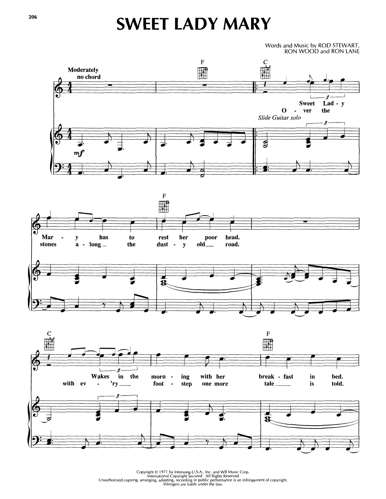 Download Rod Stewart Sweet Lady Mary Sheet Music and learn how to play Piano, Vocal & Guitar Chords (Right-Hand Melody) PDF digital score in minutes