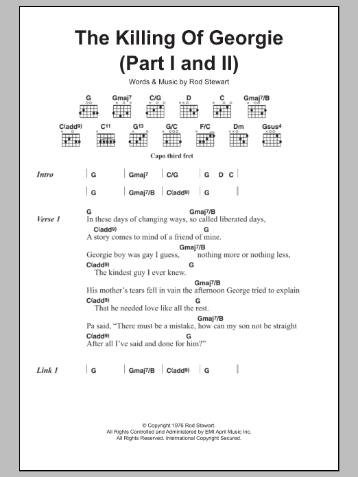 Download Rod Stewart The Killing Of Georgie (Part I and II) Sheet Music and learn how to play Lyrics & Chords PDF digital score in minutes