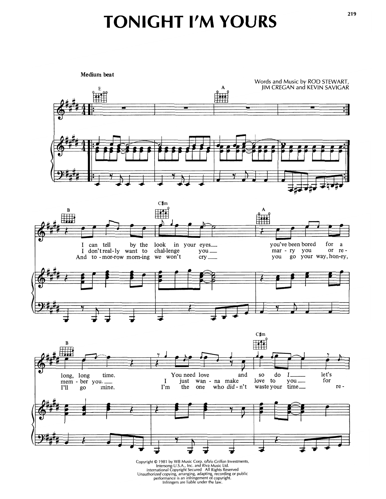 Download Rod Stewart Tonight I'm Yours (Don't Hurt Me) Sheet Music and learn how to play Piano, Vocal & Guitar Chords (Right-Hand Melody) PDF digital score in minutes