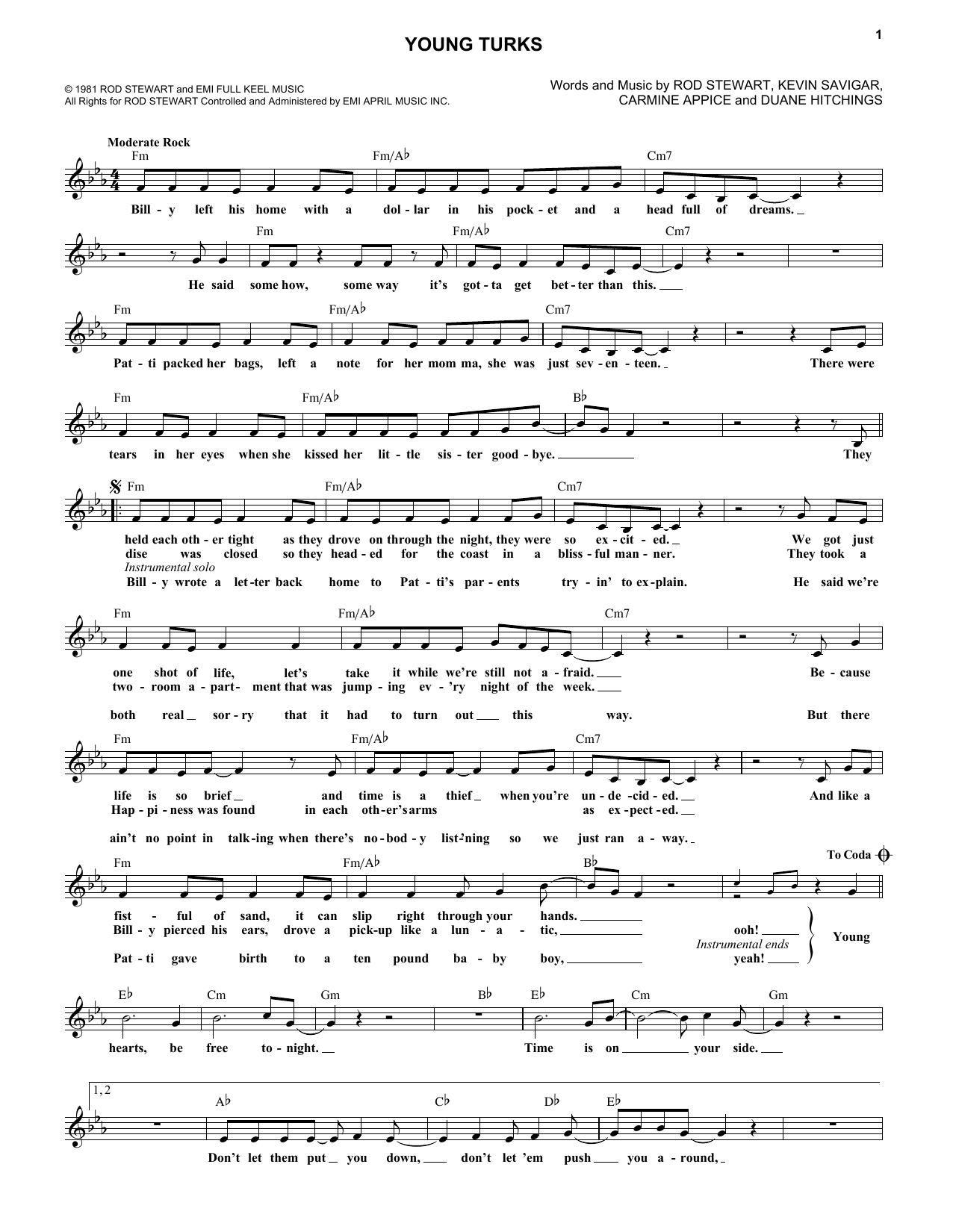 Download Rod Stewart Young Turks Sheet Music and learn how to play Melody Line, Lyrics & Chords PDF digital score in minutes