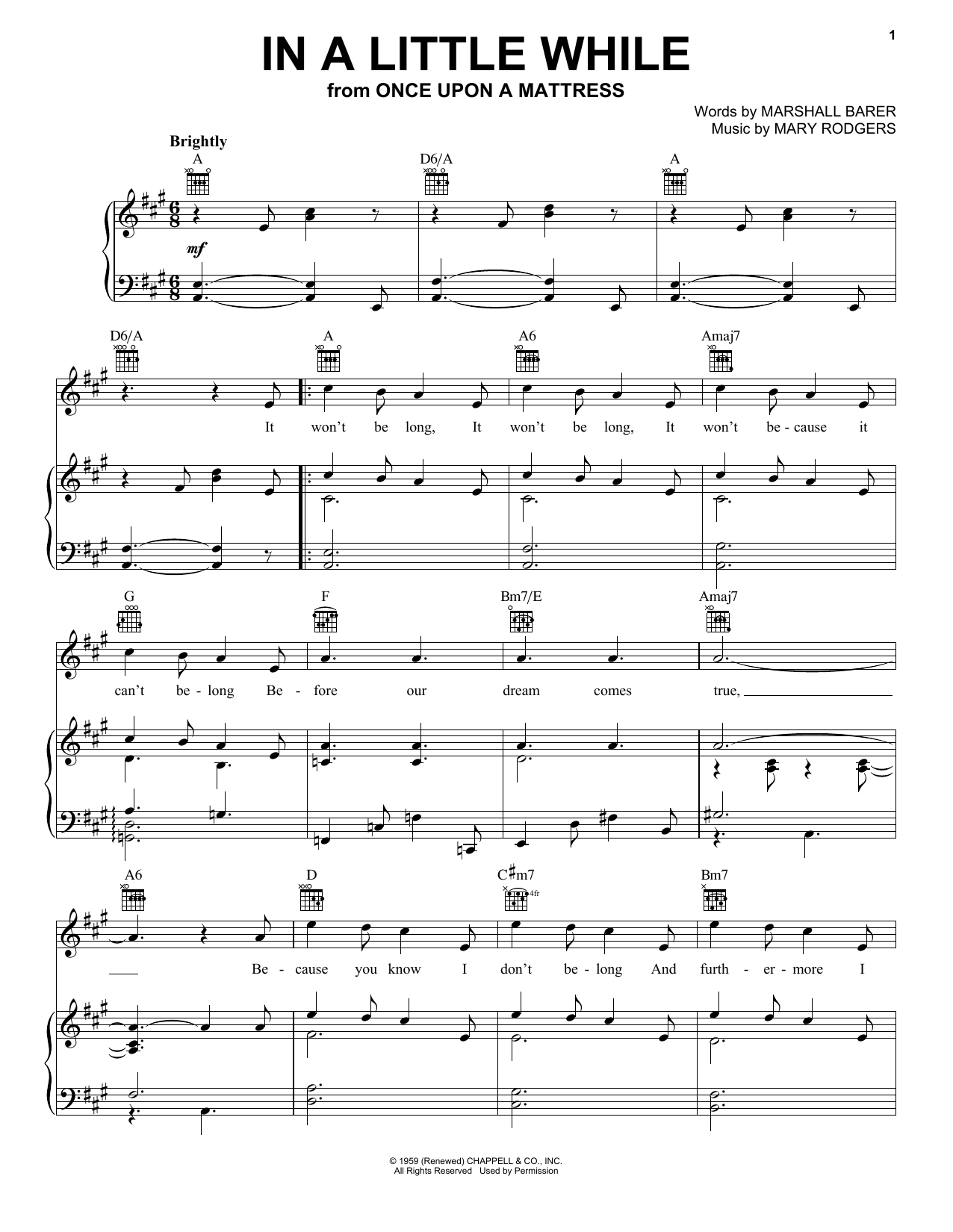 Download Mary Rodgers In A Little While Sheet Music and learn how to play Piano, Vocal & Guitar (Right-Hand Melody) PDF digital score in minutes