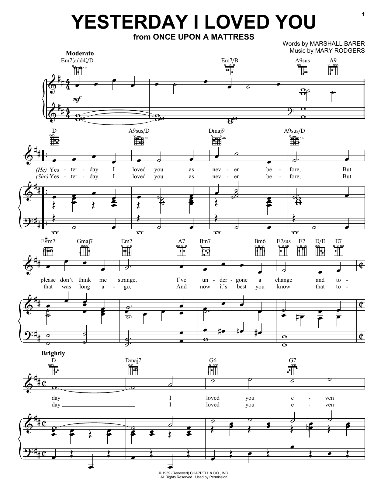 Download Mary Rodgers Yesterday I Loved You Sheet Music and learn how to play Piano, Vocal & Guitar (Right-Hand Melody) PDF digital score in minutes