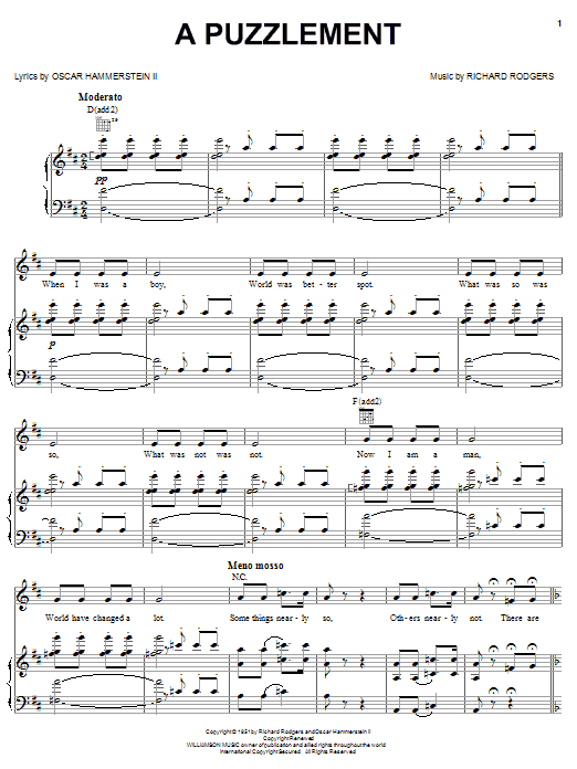 Download Rodgers & Hammerstein A Puzzlement Sheet Music and learn how to play Piano, Vocal & Guitar (Right-Hand Melody) PDF digital score in minutes